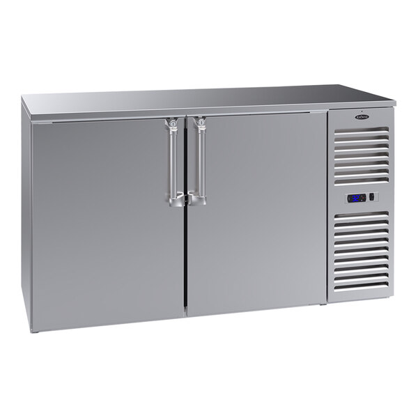 A Krowne stainless steel back bar refrigerator with two doors.