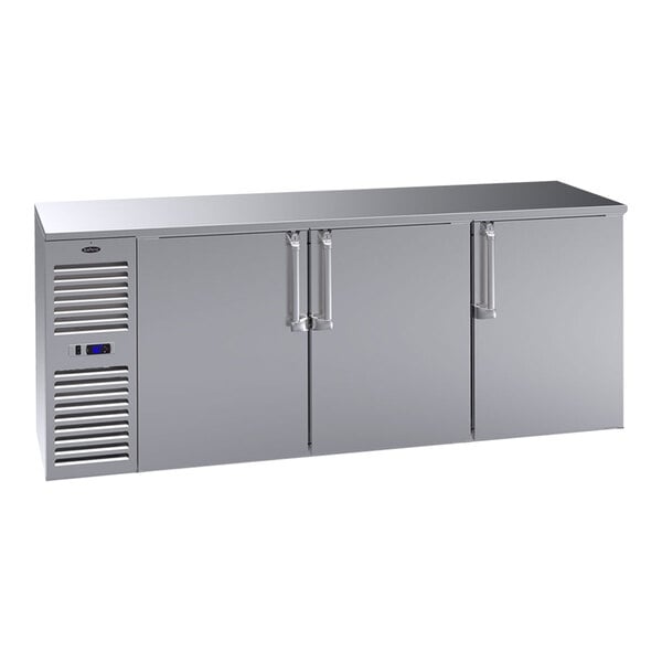 A Krowne stainless steel back bar refrigerator with two doors.