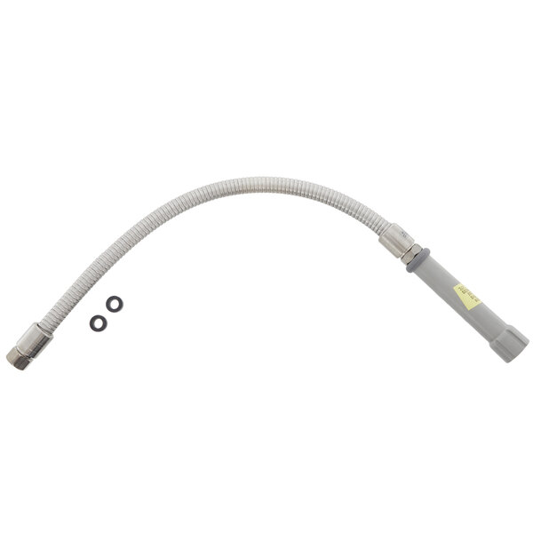 A T&S stainless steel flexible hose with a polyurethane liner and a handle, with two small black hose connectors.
