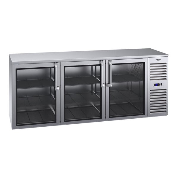 A silver Krowne stainless steel back bar refrigerator with three glass doors.