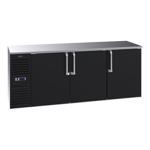 A black Krowne back bar refrigerator with two solid doors.