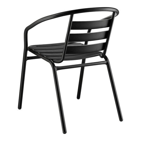 A Lancaster Table & Seating black powder-coated steel arm chair with a slatted back.