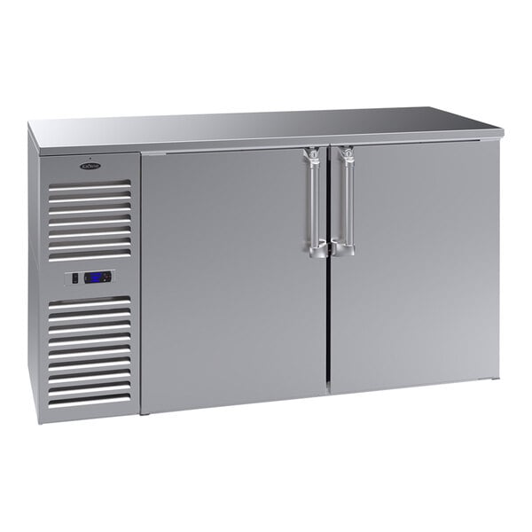 A Krowne stainless steel back bar refrigerator with two solid doors.