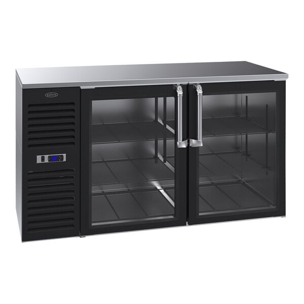 A black Krowne back bar refrigerator with stainless steel top and glass doors.