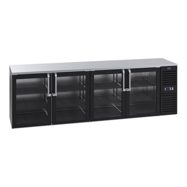 A black and stainless steel Krowne back bar refrigerator with glass doors.