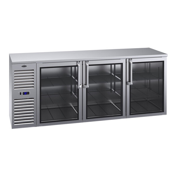 A stainless steel Krowne back bar refrigerator with glass doors.