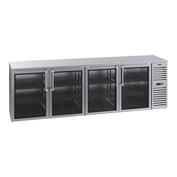 A stainless steel Krowne back bar refrigerator with glass doors.