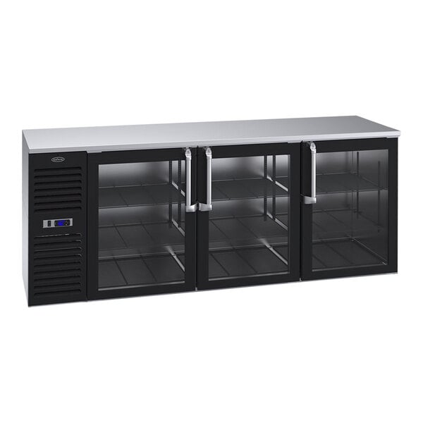 A black Krowne back bar refrigerator with glass doors and a stainless steel top.