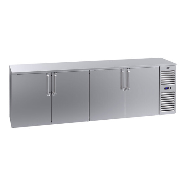 A Krowne stainless steel back bar refrigerator with four doors.