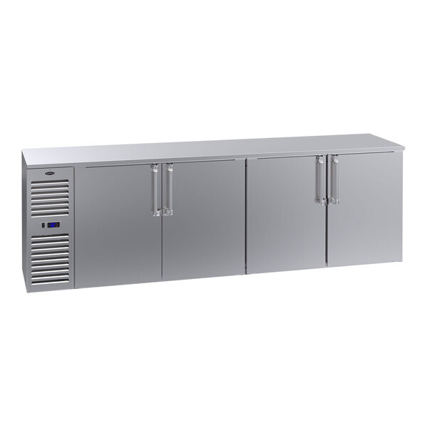 A Krowne stainless steel back bar refrigerator with two doors.