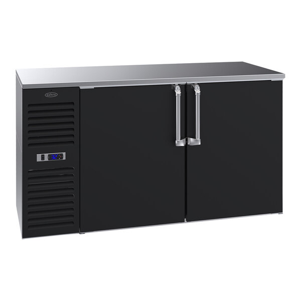 A black Krowne back bar refrigerator with two solid doors.