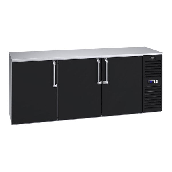 A black Krowne back bar refrigerator with a stainless steel top.