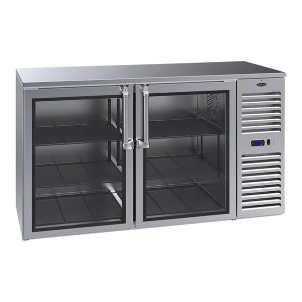 A stainless steel Krowne back bar refrigerator with glass doors.