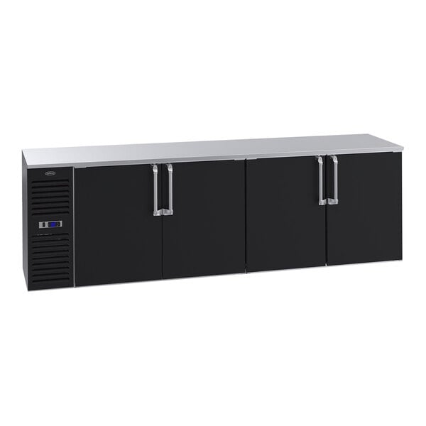 A black Krowne back bar refrigerator with stainless steel top and silver doors.