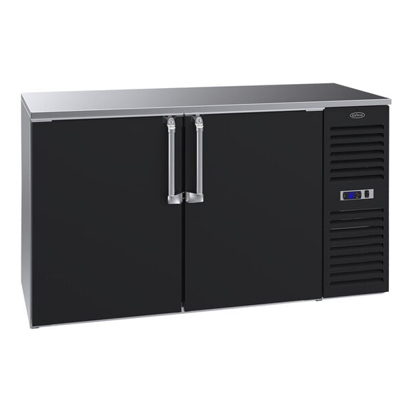 A black Krowne back bar refrigerator with stainless steel top and two solid doors.