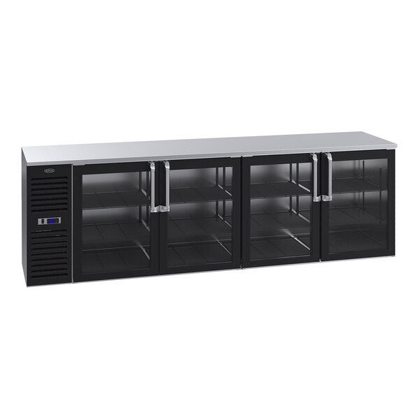 A black Krowne back bar refrigerator with stainless steel top and left side compressor.