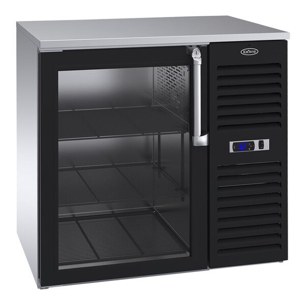 A Krowne black and silver back bar refrigerator with glass doors.
