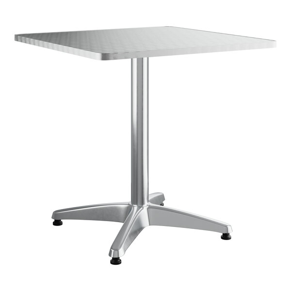A Lancaster Table & Seating chrome square table with a metal base.
