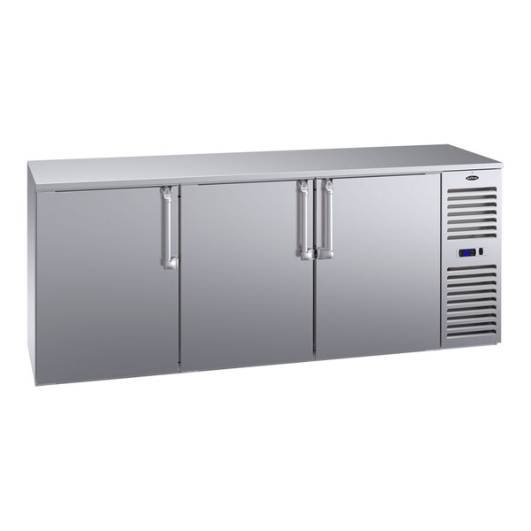 A Krowne stainless steel back bar refrigerator with two solid doors.