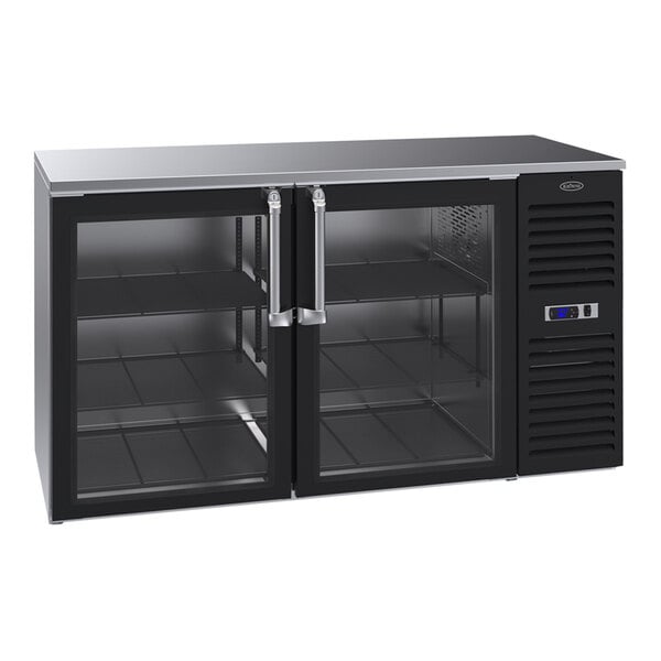 A black Krowne back bar refrigerator with glass doors and a stainless steel top.