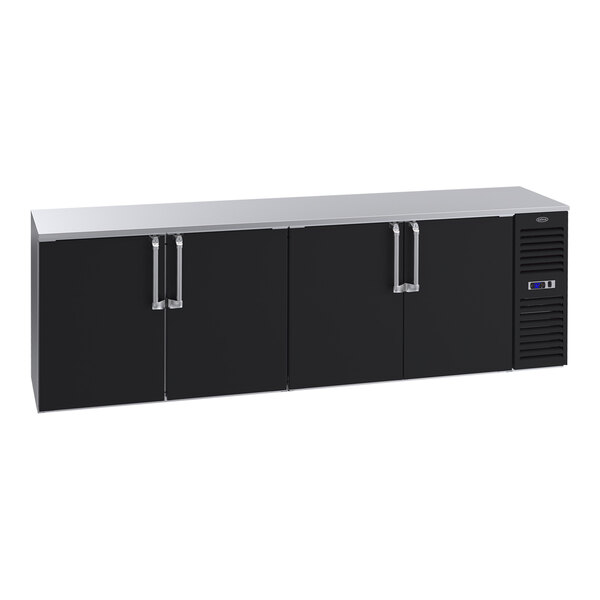 A black metal Krowne back bar refrigerator with stainless steel top and silver handles.