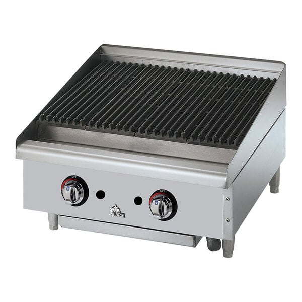A Star-Max gas countertop charbroiler with two burners and a grill top.