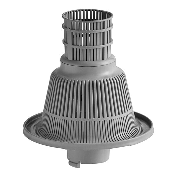 A grey plastic MainStreet Equipment water filter with a metal cover and round base.