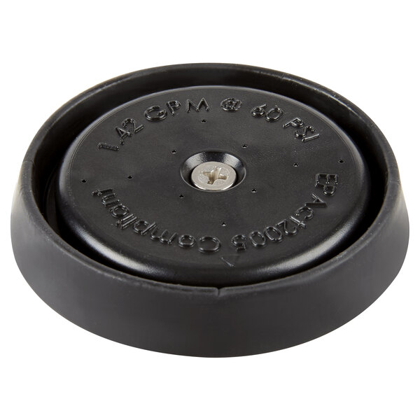 A black plastic round object with a screw in it.