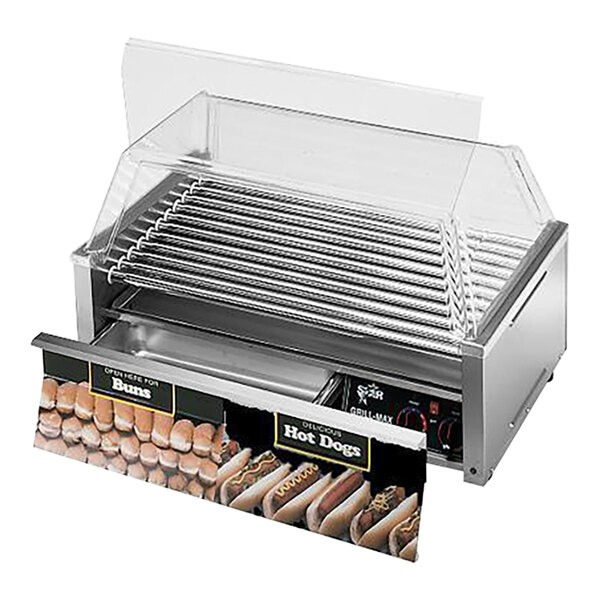 Star Grill-Max hot dog roller with hot dogs and buns in a drawer.