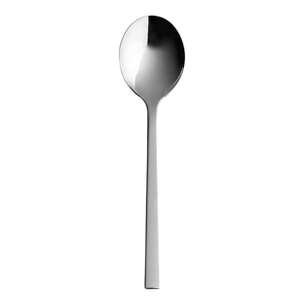 An Abert Neo stainless steel soup spoon with a black handle on a white background.