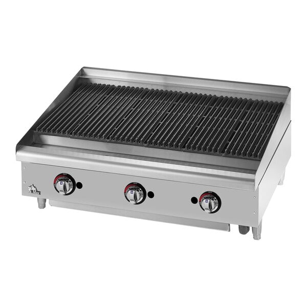 A Star-Max gas countertop charbroiler with three radiant burners.