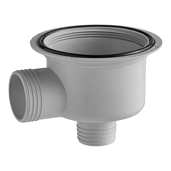 A grey plastic drain bucket with a white plastic pipe.