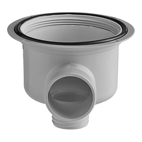 A white drain with a black ring and lid.