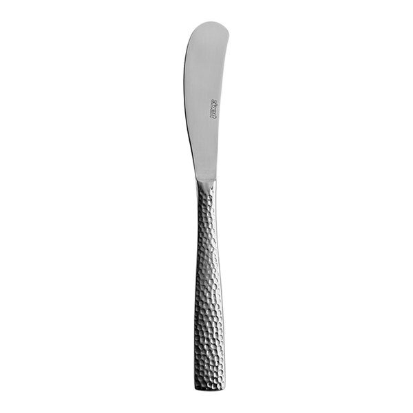 A silver butter knife with a textured handle.