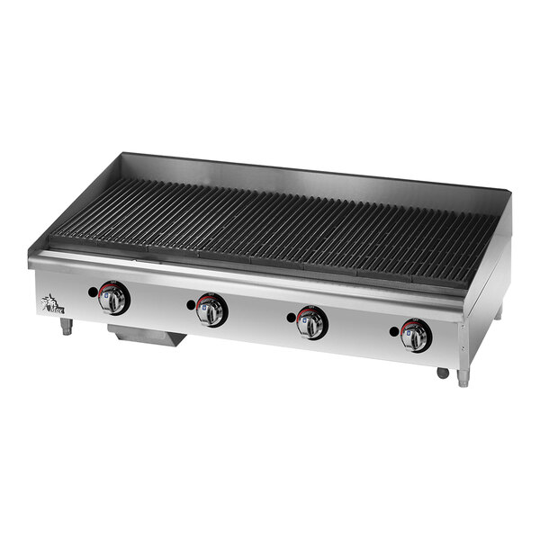 A Star-Max gas countertop charbroiler with four radiant burners.