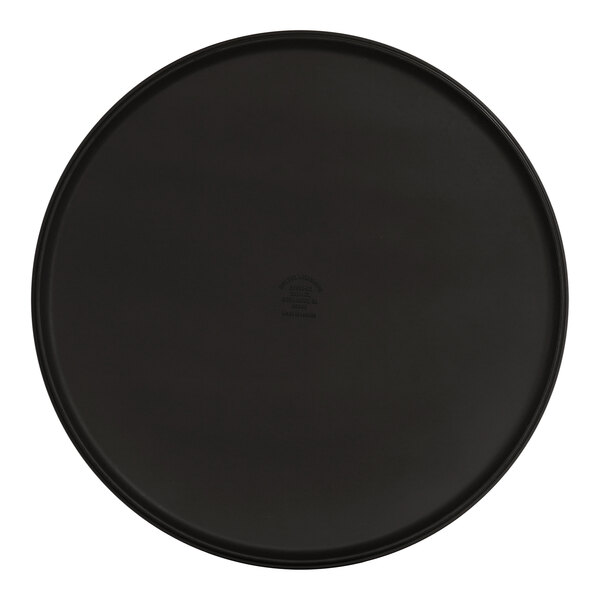 A black round melamine bowl with a black rim.
