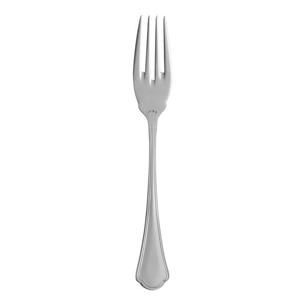 A silver fish fork with a white handle.