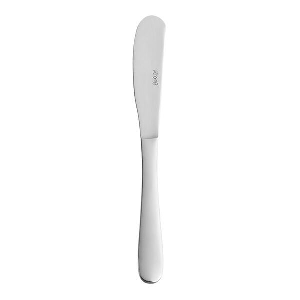 A silver butter knife with a white handle.