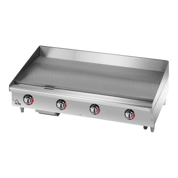 A stainless steel Star-Max electric countertop griddle with knobs.
