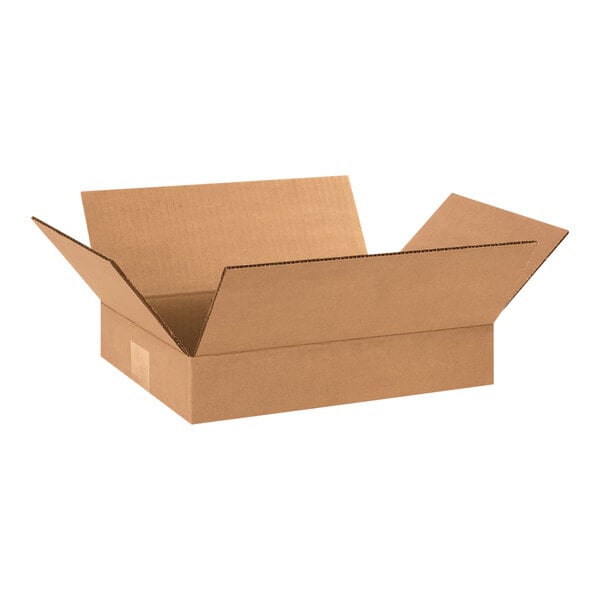 A brown Lavex cardboard shipping box with an open lid.