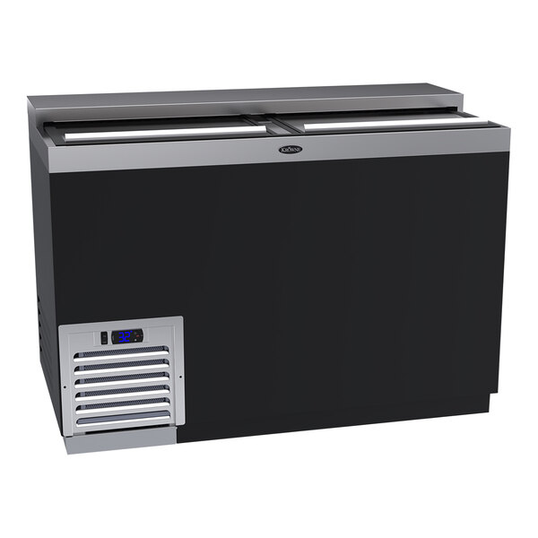 A Krowne black and silver mug froster with a sliding top on a counter.