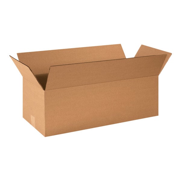 A brown Lavex cardboard shipping box with an open lid.