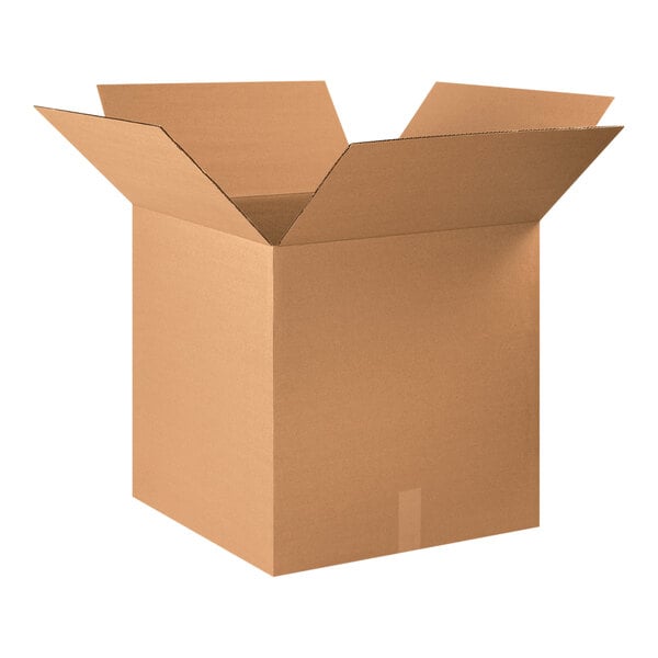 A close-up of a Lavex cardboard shipping box with an open lid.