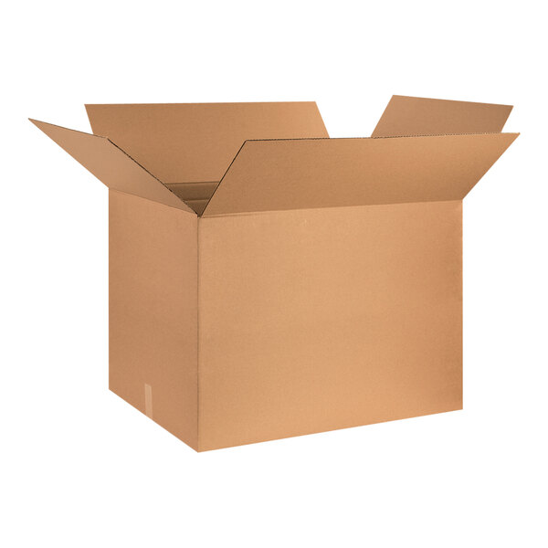 A Lavex cardboard shipping box with an open lid.