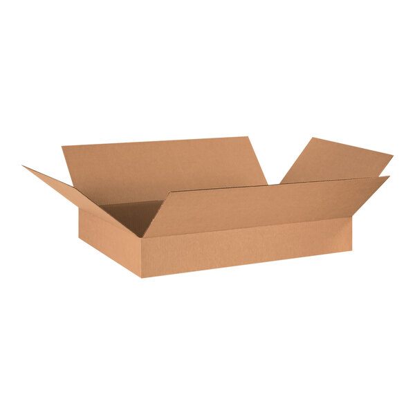 A brown Lavex cardboard shipping box with an open lid.