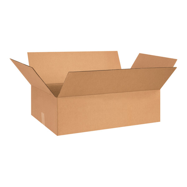 A brown Lavex cardboard shipping box with an open lid.