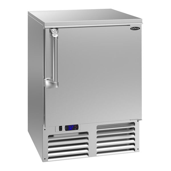 A Krowne stainless steel undercounter freezer with a door open.