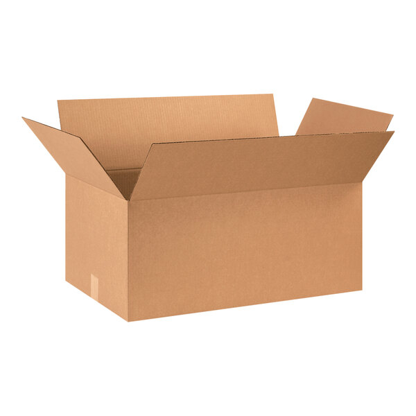 A brown cardboard Lavex shipping box with a lid open.