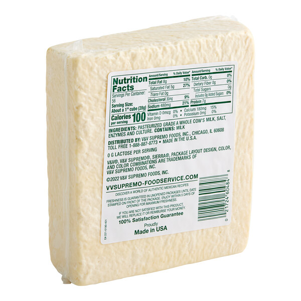 A V&V Supremo Cotija Cheese 3.5 lb. block with a label.
