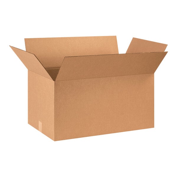 A brown cardboard Lavex shipping box with an open lid.